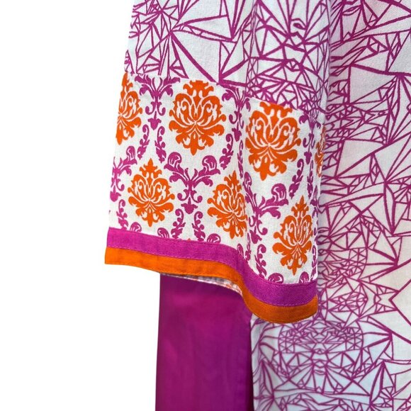 Womens Indian Style Printed Tunic Dress Embellished Neckline Vibrant Pink - M - Picture 7 of 9